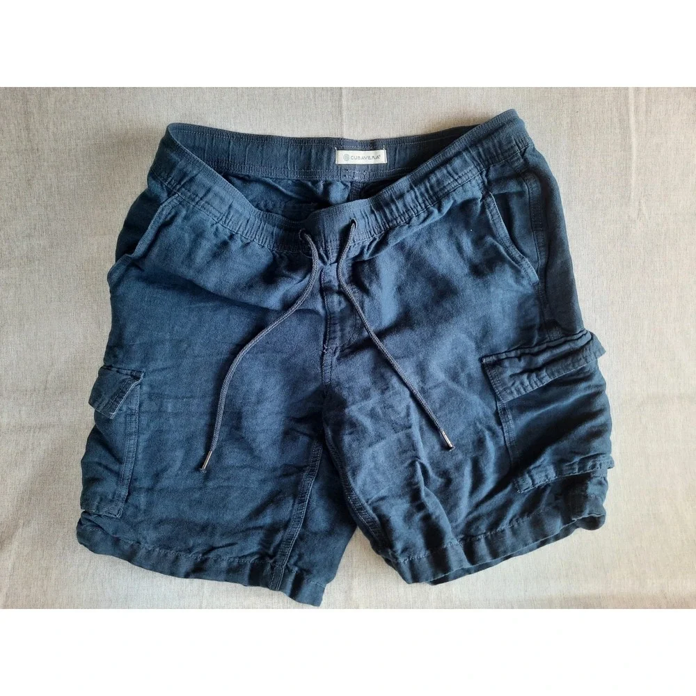 CUBAVERA Men Medium Navy Blue Cargo Shorts Elastic Waist Drawstring  Pure Linen
